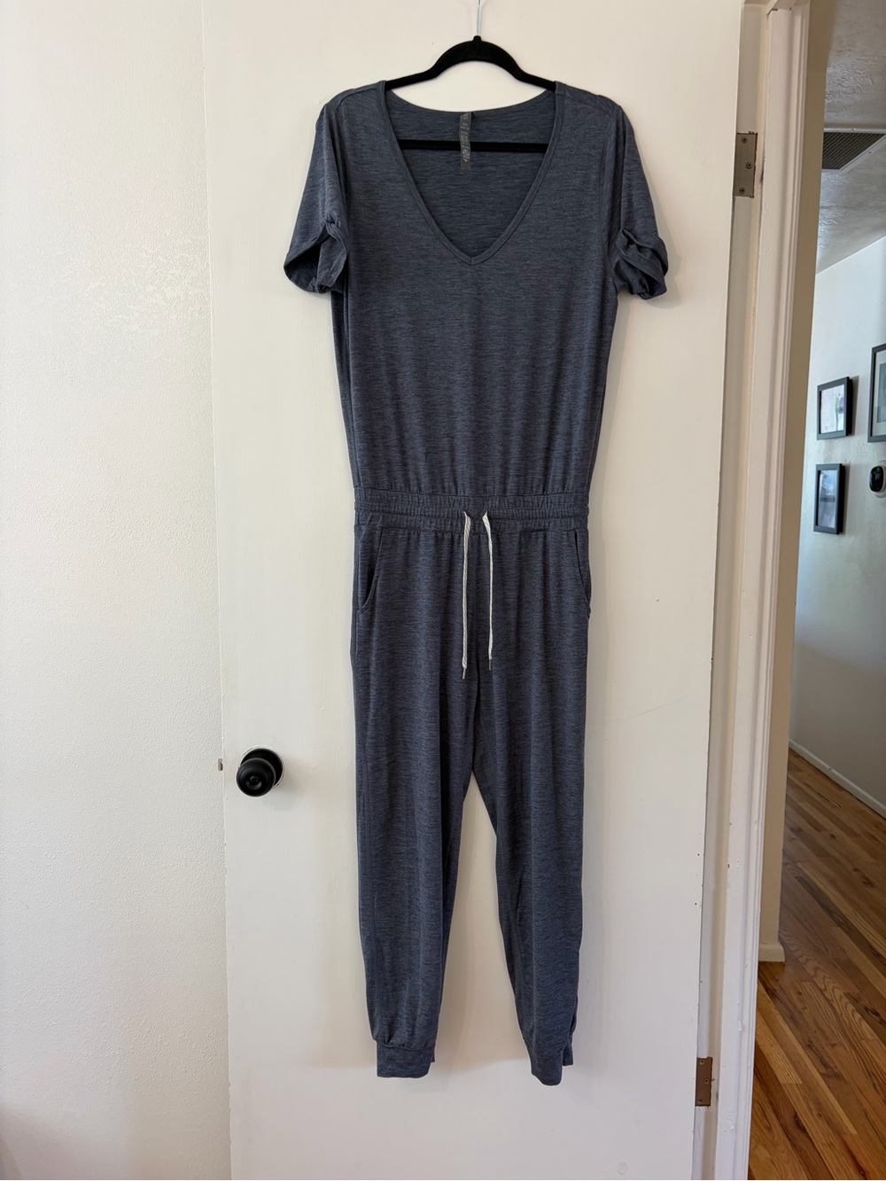 Vuori Women’s Heather blue Gray Short-Sleeve Drawstring Jumpsuit
